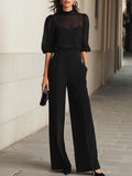Completo di tre pezzi: top in chiffon nero trasparente e pantaloni a gamba larga