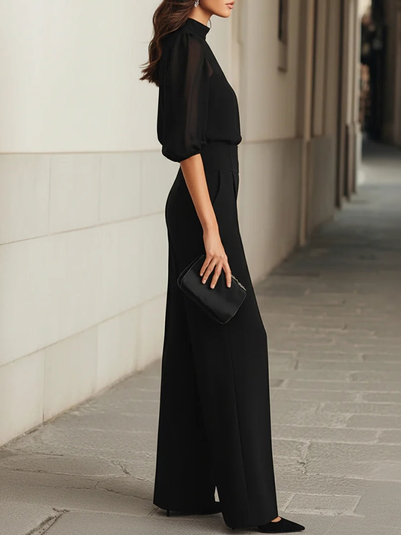 Completo di tre pezzi: top in chiffon nero trasparente e pantaloni a gamba larga