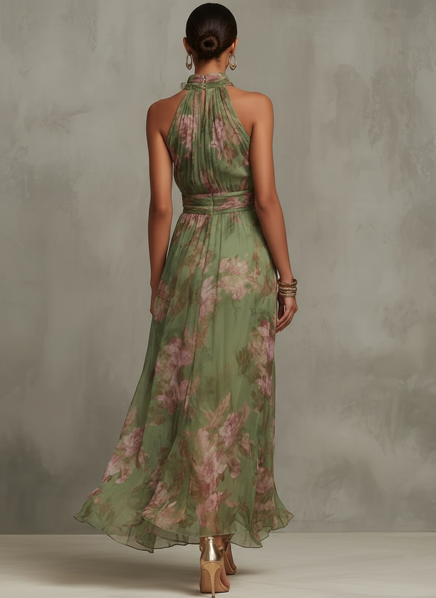 Abito lungo con stampa floreale, scollo all'americana e in chiffon verde