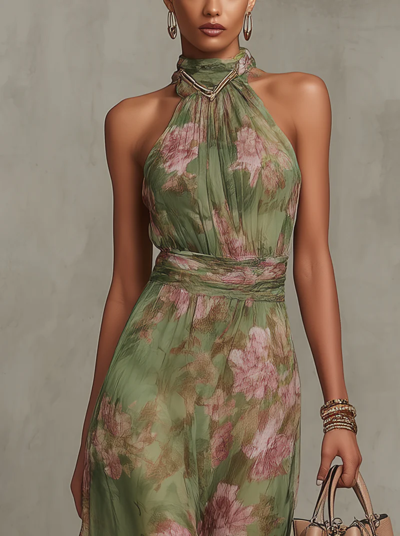 Abito lungo con stampa floreale, scollo all'americana e in chiffon verde