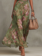 Abito lungo con stampa floreale, scollo all'americana e in chiffon verde