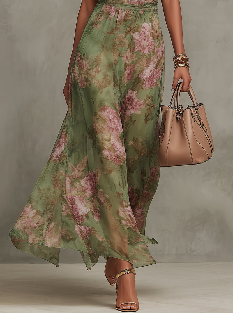 Abito lungo con stampa floreale, scollo all'americana e in chiffon verde