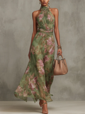 Abito lungo con stampa floreale, scollo all'americana e in chiffon verde