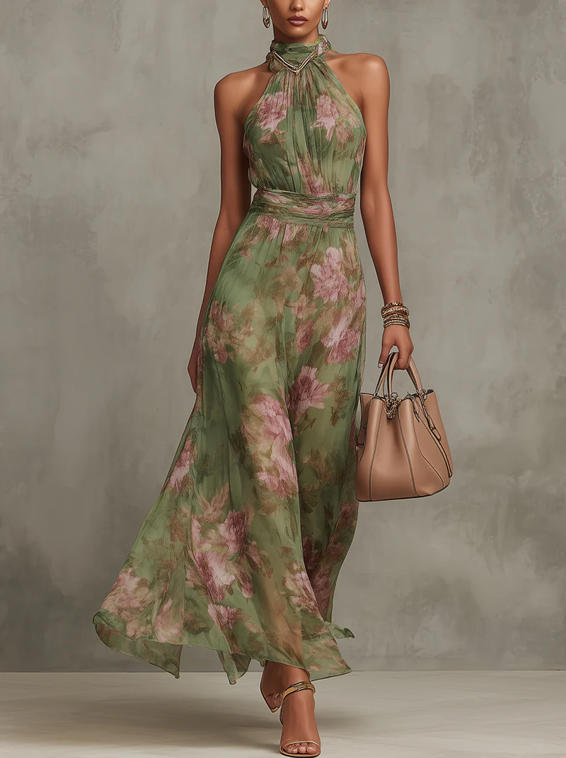 Serena | Abito Lungo Verde a Fiori in Chiffon con Scollo all'Americana