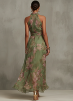 Serena | Abito Lungo Verde a Fiori in Chiffon con Scollo all'Americana
