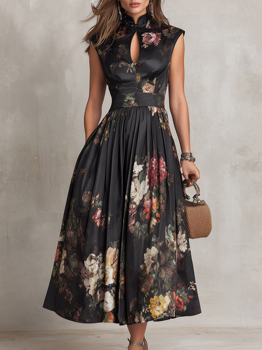 Martina | Abito Midi in Satin Plissettato con Collo a Fessura Nero