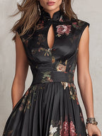 Martina | Abito Midi in Satin Plissettato con Collo a Fessura Nero