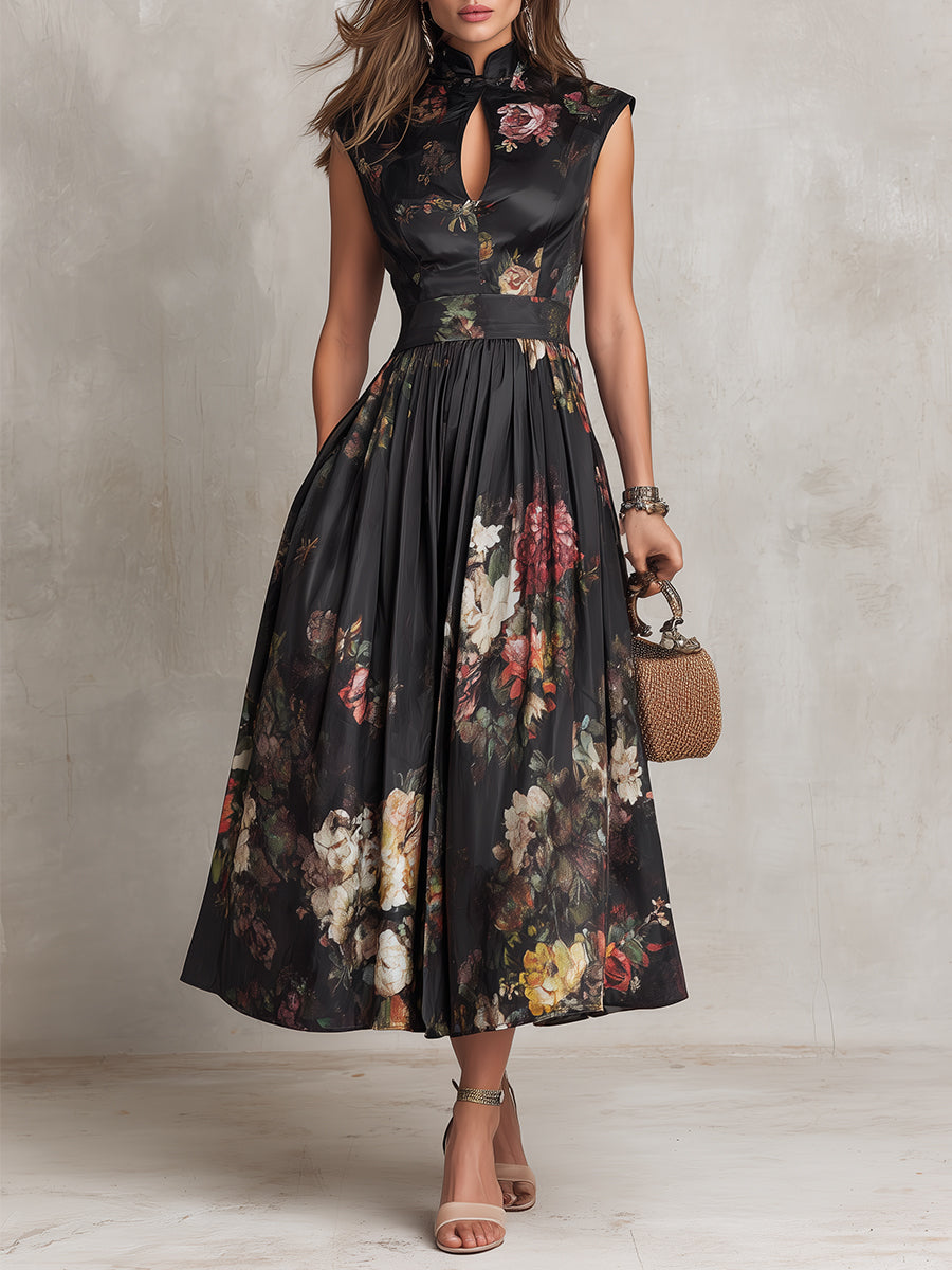 Benedetta | Abito Midi in Satin Floreale Nero con Collo a Chiave e Pieghe