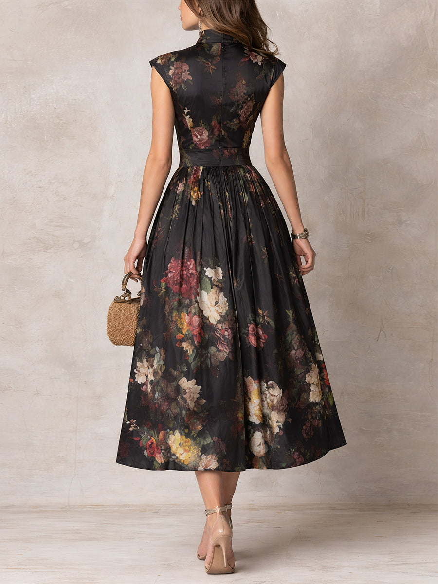 Benedetta | Abito Midi in Satin Floreale Nero con Collo a Chiave e Pieghe