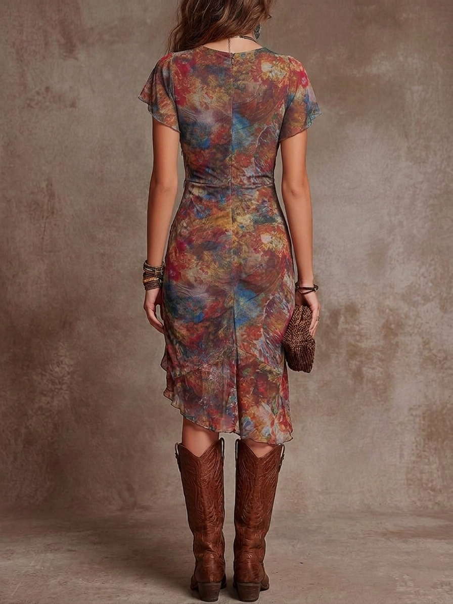 Marta | Abito Midi Plissettato V-neck con Stampa Astratta Bohemien