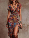 Marta | Abito Midi Plissettato V-neck con Stampa Astratta Bohemien