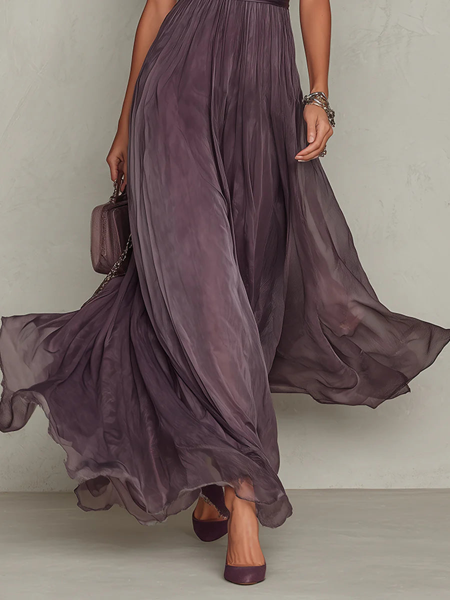 Flavia | Abito Lungo Viola con Scollo a Goccia e Bordo in Pizzo