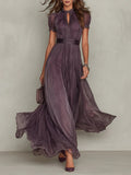 Diana | Abito Maxi in Chiffon Viola con Collo a Chiave e Pizzo
