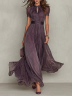 Diana | Abito Maxi in Chiffon Viola con Collo a Chiave e Pizzo