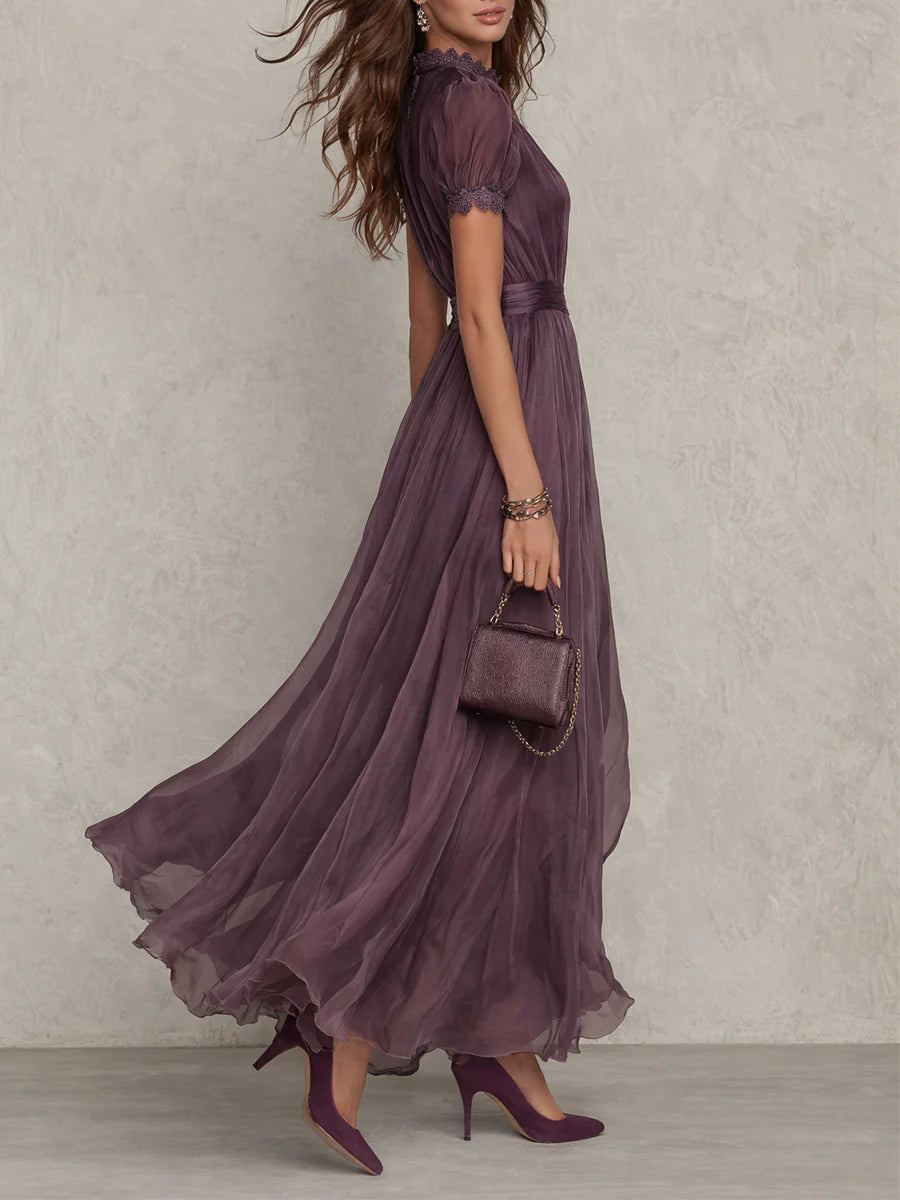 Diana | Abito Maxi in Chiffon Viola con Collo a Chiave e Pizzo