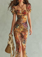 Alessandra | Abito Maxi in Chiffon Arancione con Stampa Pittorica Bohémien da Vacanza