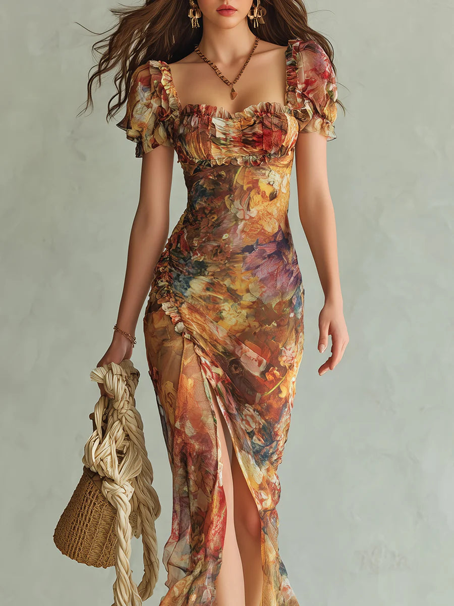 Alessandra | Abito Maxi in Chiffon Arancione con Stampa Pittorica Bohémien da Vacanza