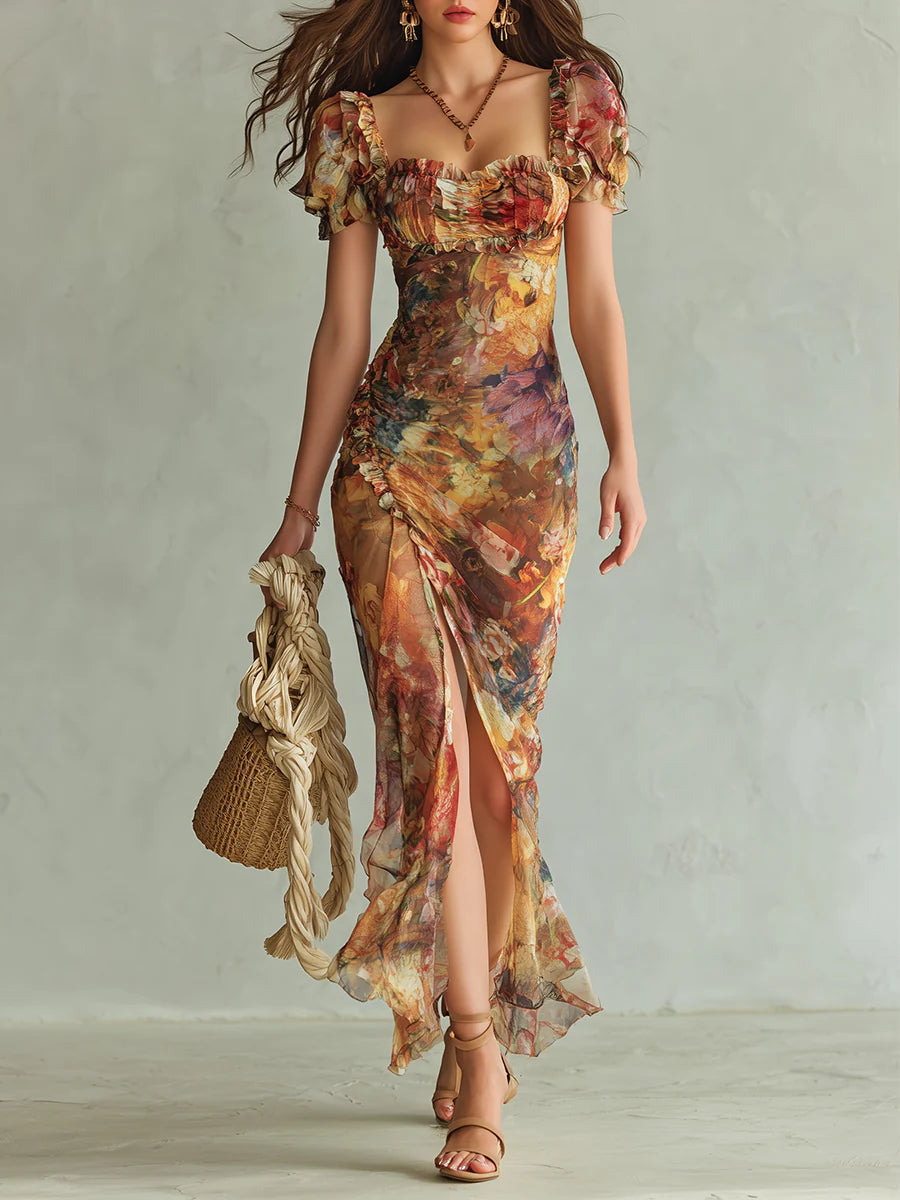 Alessandra | Abito Maxi in Chiffon Arancione con Stampa Pittorica Bohémien da Vacanza