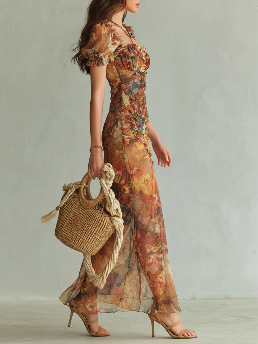 Alessandra | Abito Maxi in Chiffon Arancione con Stampa Pittorica Bohémien da Vacanza