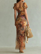 Alessandra | Abito Maxi in Chiffon Arancione con Stampa Pittorica Bohémien da Vacanza