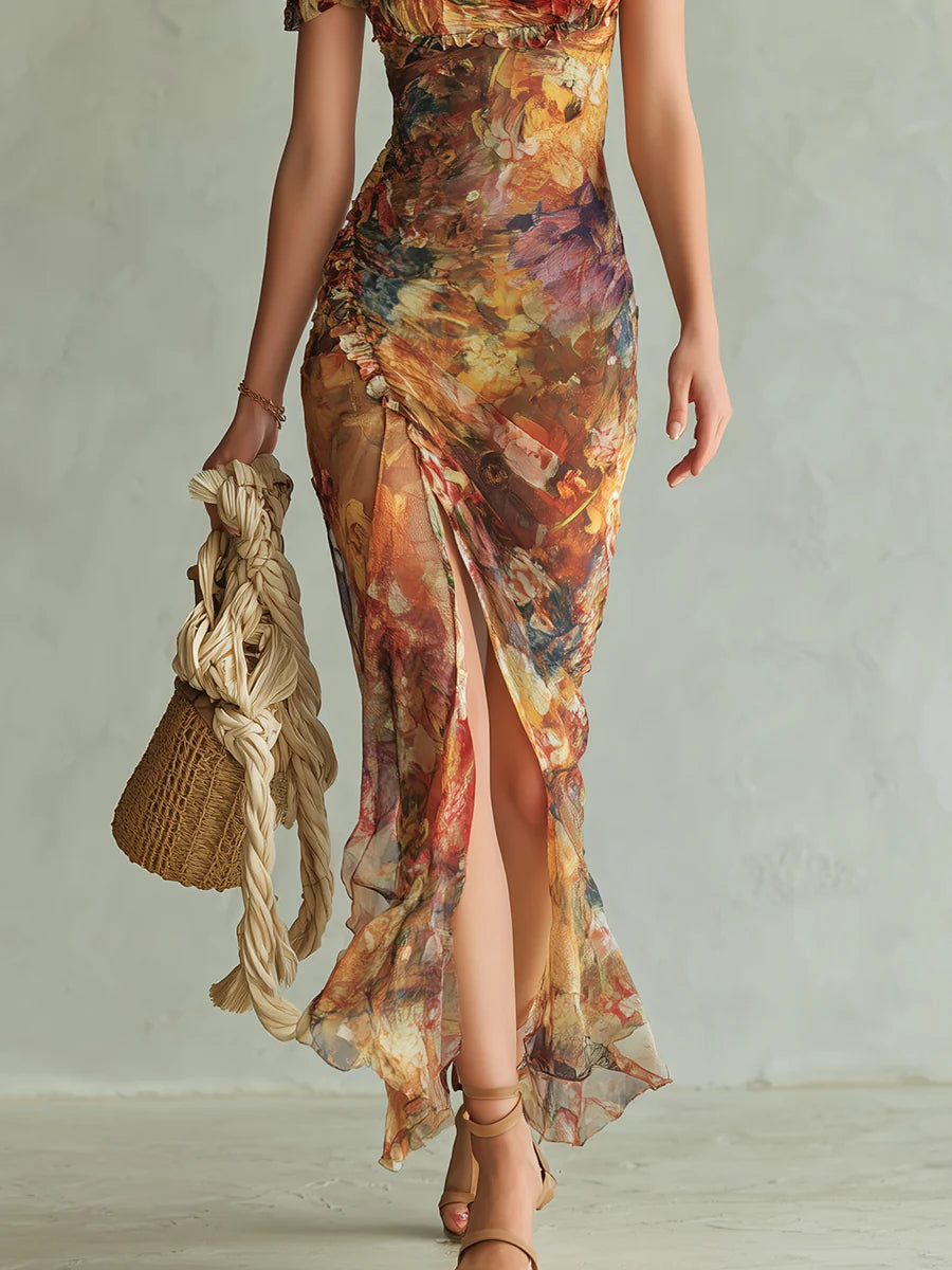 Alessandra | Abito Maxi in Chiffon Arancione con Stampa Pittorica Bohémien da Vacanza