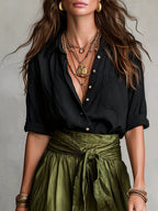 Vera | Completo Due Pezzi: Maglietta Nera e Gonna Midi Verde Oliva