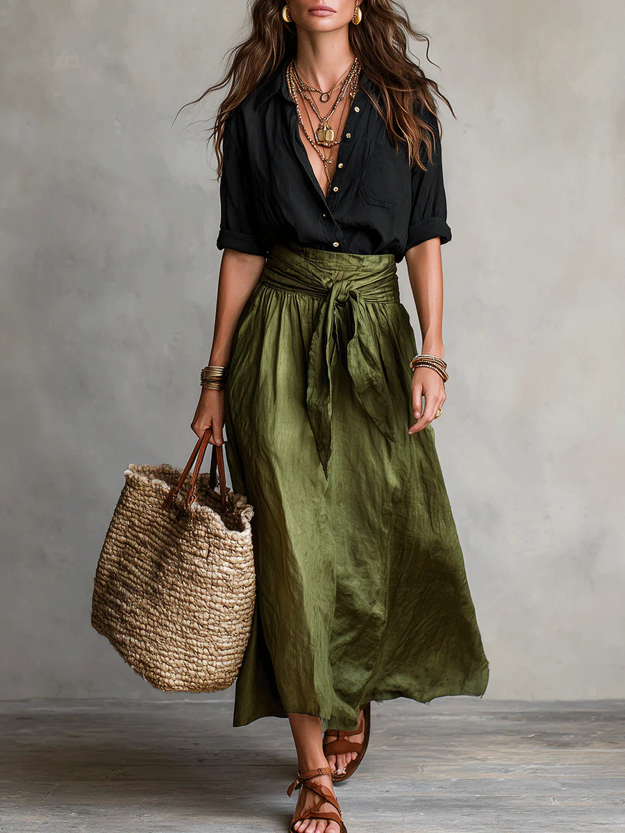 Vera | Completo Due Pezzi: Maglietta Nera e Gonna Midi Verde Oliva