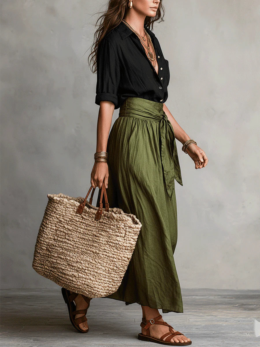 Vera | Completo Due Pezzi: Maglietta Nera e Gonna Midi Verde Oliva