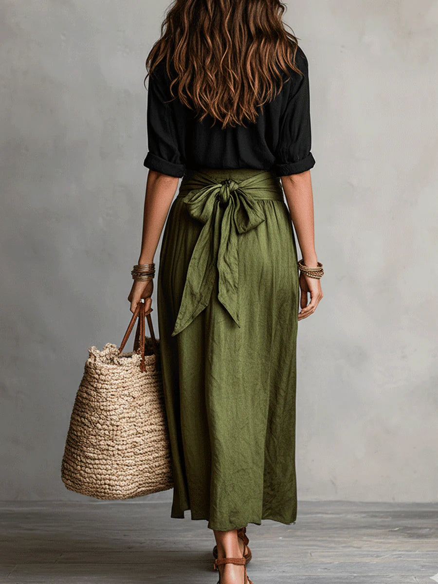 Vera | Completo Due Pezzi: Maglietta Nera e Gonna Midi Verde Oliva