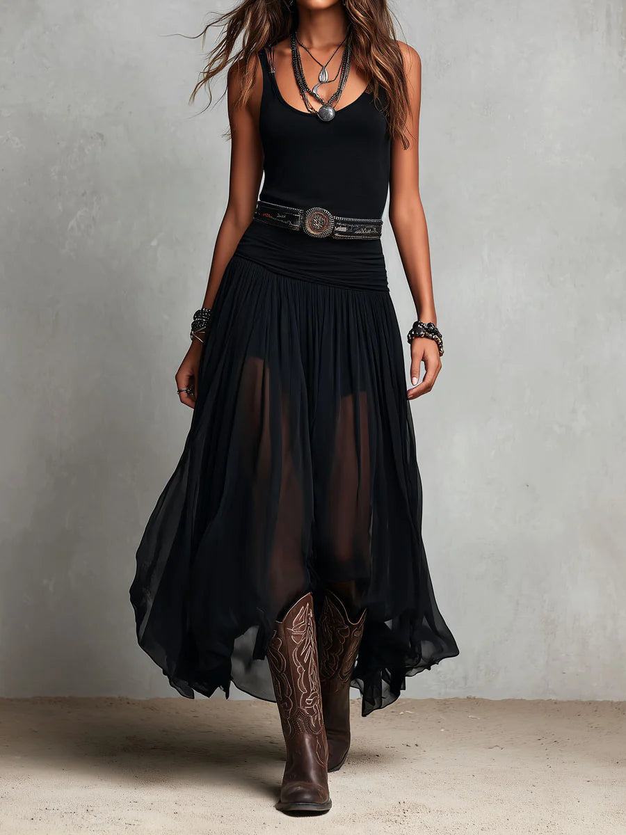 Eleonora | Abito Maxi Nero Canotta Senza Maniche con Gonna in Tulle e Cintura