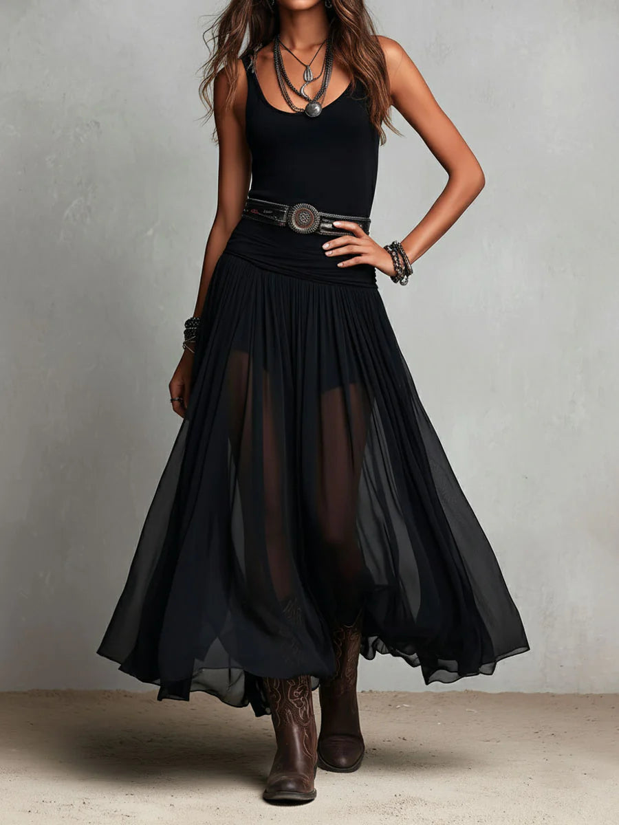 Eleonora | Abito Maxi Nero Canotta Senza Maniche con Gonna in Tulle e Cintura