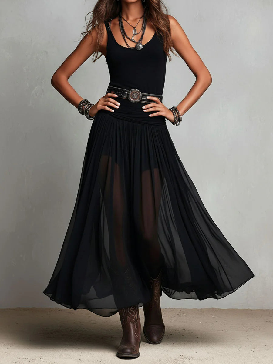 Eleonora | Abito Maxi Nero Canotta Senza Maniche con Gonna in Tulle e Cintura