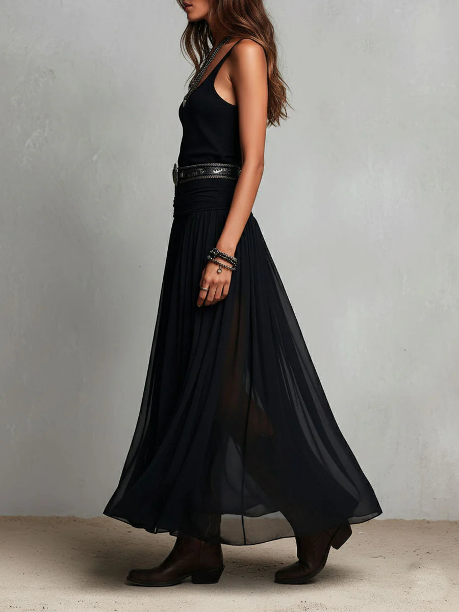 Eleonora | Abito Maxi Nero Canotta Senza Maniche con Gonna in Tulle e Cintura