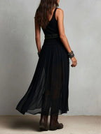 Eleonora | Abito Maxi Nero Canotta Senza Maniche con Gonna in Tulle e Cintura