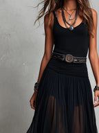 Eleonora | Abito Maxi Nero Canotta Senza Maniche con Gonna in Tulle e Cintura