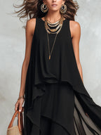 Vittoria | Abito Maxi Senza Maniche in Chiffon Nero con Scollo Rotondo a Strati