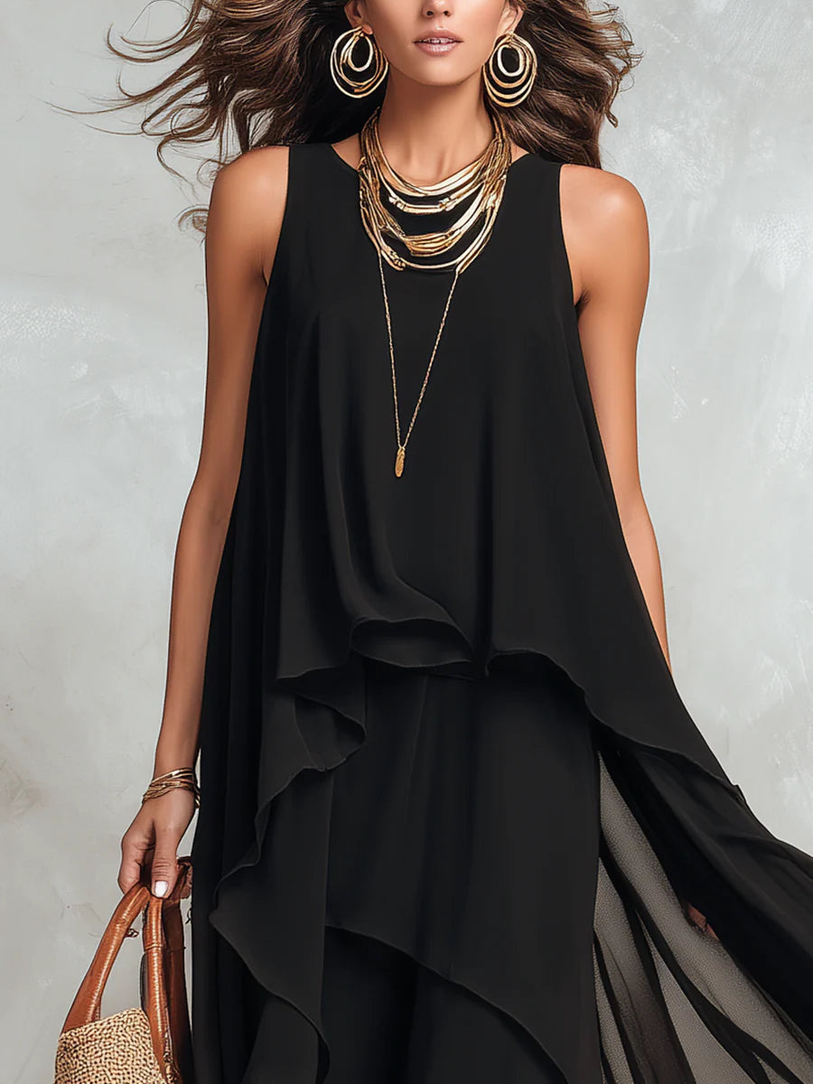 Vittoria | Abito Maxi Senza Maniche in Chiffon Nero con Scollo Rotondo a Strati