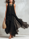 Vittoria | Abito Maxi Senza Maniche in Chiffon Nero con Scollo Rotondo a Strati