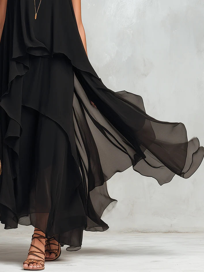 Vittoria | Abito Maxi Senza Maniche in Chiffon Nero con Scollo Rotondo a Strati
