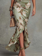 Giorgia | Abito Maxi Asimmetrico in Satin Floreale Verde con Maniche a Campana