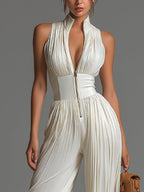 Nadia | Tuta in Chiffon Bianco Senza Maniche con Zip e Pieghe a Gamba Larga