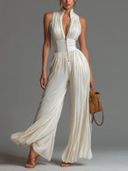 Nadia | Tuta in Chiffon Bianco Senza Maniche con Zip e Pieghe a Gamba Larga
