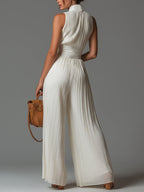 Nadia | Tuta in Chiffon Bianco Senza Maniche con Zip e Pieghe a Gamba Larga