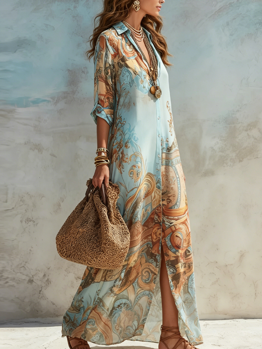 Cristina | Abito Maxi a Fiori Blu da Vacanza