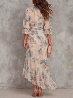 Valentina | Abito Maxi in Chiffon Floreale Irregolare con Collo Alto Beige