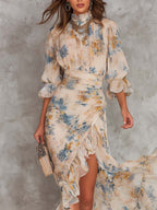 Valentina | Abito Maxi in Chiffon Floreale Irregolare con Collo Alto Beige