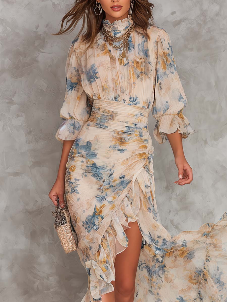 Valentina | Abito Maxi in Chiffon Floreale Irregolare con Collo Alto Beige