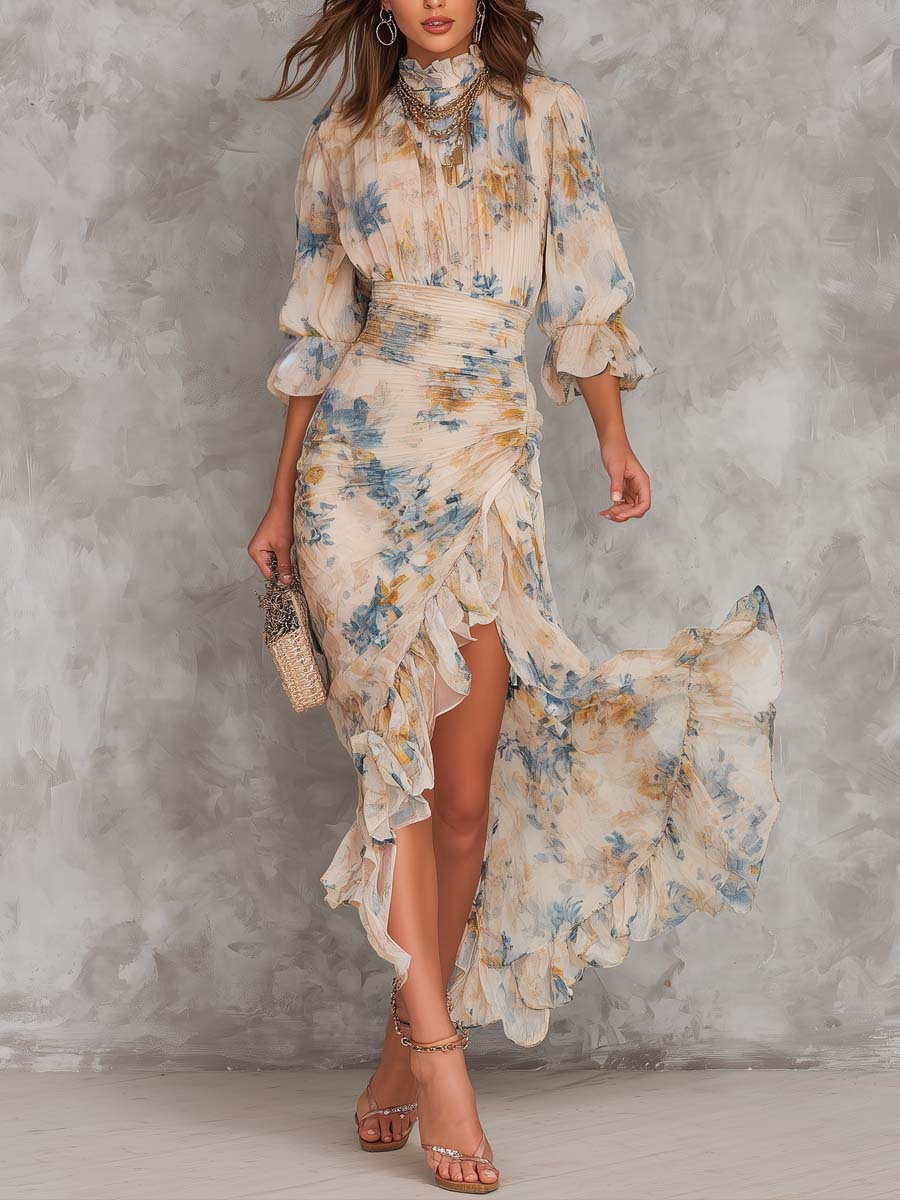 Valentina | Abito Maxi in Chiffon Floreale Irregolare con Collo Alto Beige