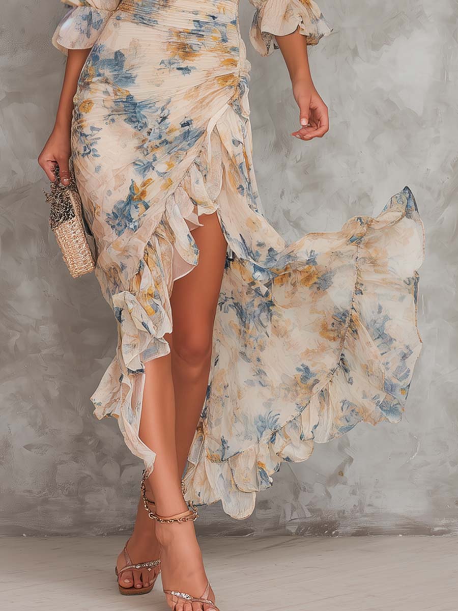 Valentina | Abito Maxi in Chiffon Floreale Irregolare con Collo Alto Beige