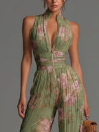 Marina | Tuta in Chiffon Verde Floreale con Scollo a V e Gambe Larghe